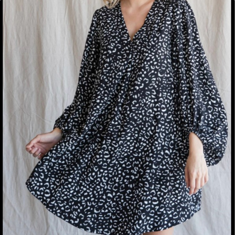 Jodifl dress. Black and white bubble sleeve dress.
